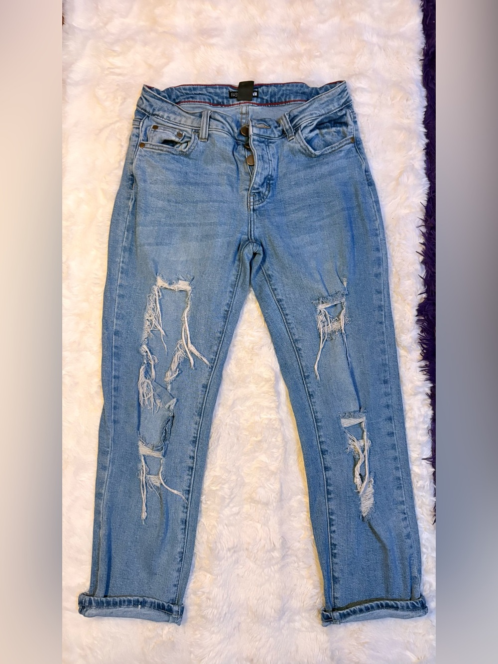 Fashion Nova Light Blue Distressed Straight-Leg Jeans
